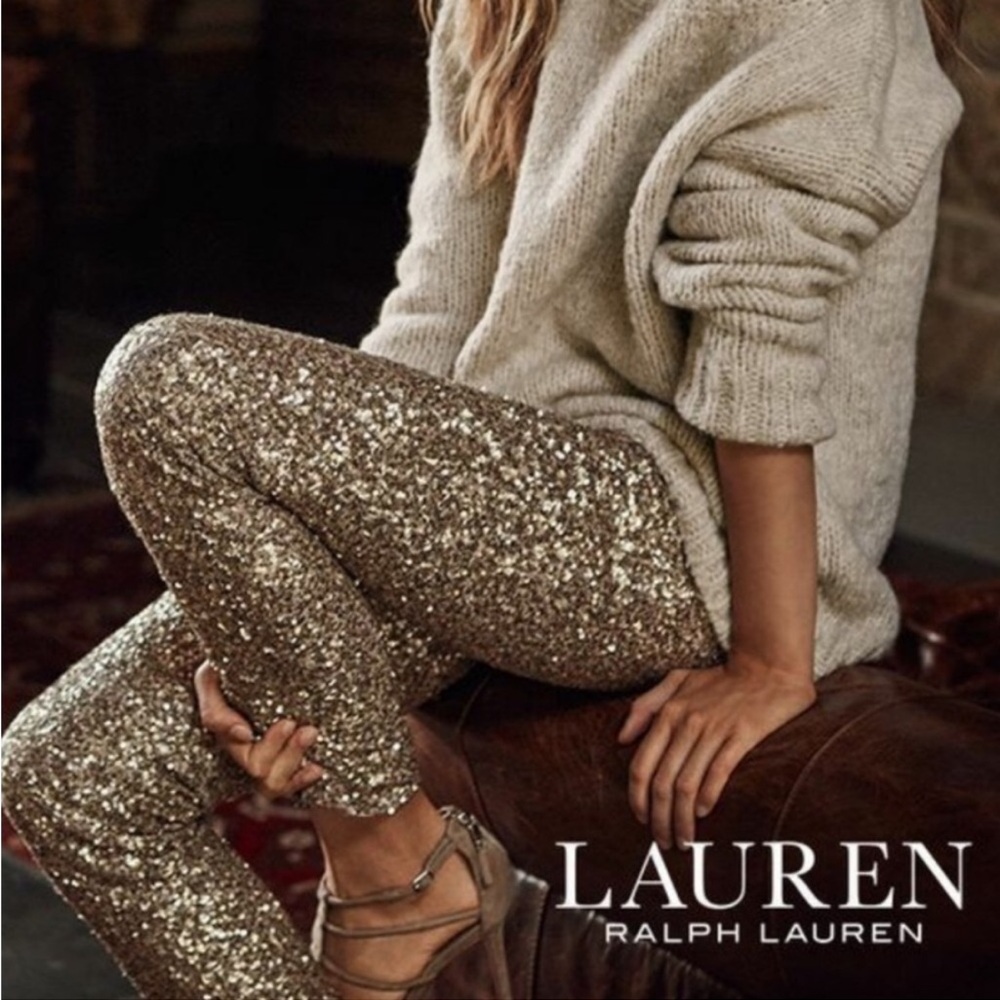LAUREN RALPH LAUREN SEQUIN PANTS NWT Size-8 GOLD